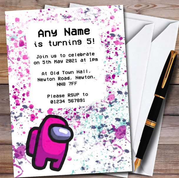 Among Us Pink Splatter Art Children's Personalised Birthday Party Invitations