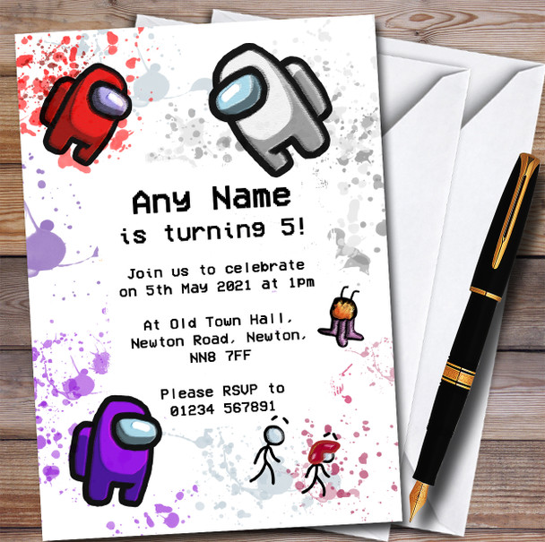 Among Us Purple Red White & Pets Splatter Art Birthday Party Invitations