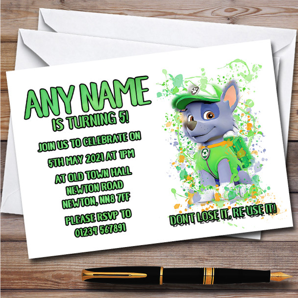 Paw Patrol Rocky Splatter Art Children's Personalised Birthday Party Invitations Paw Patrol Rocky Splatter Art Children's Personalised Birthday Party Invitations
