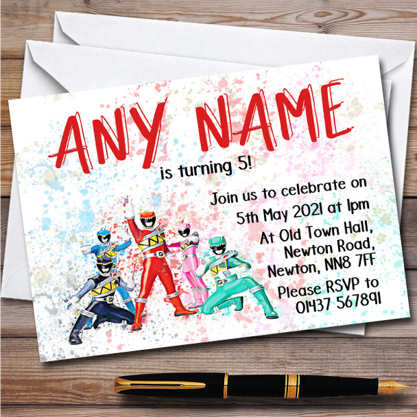 Power Rangers Dino Charge Splatter Art Children's Birthday Party Invitations