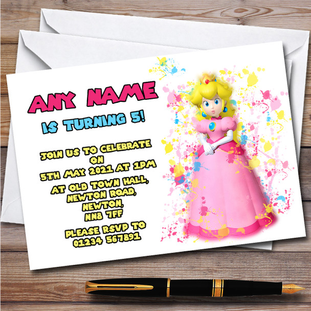Princess Peach Super Mario Bros Splatter Art Birthday Party Invitations