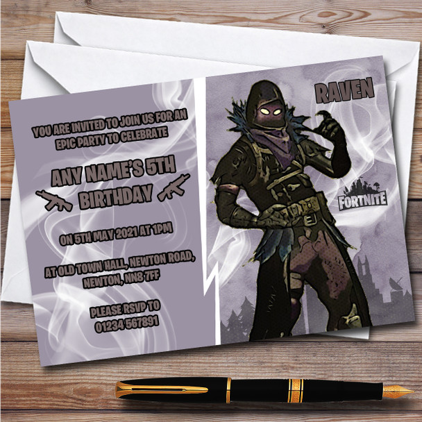 Raven Gaming Comic Style Fortnite Skin Children's Birthday Party Invitations