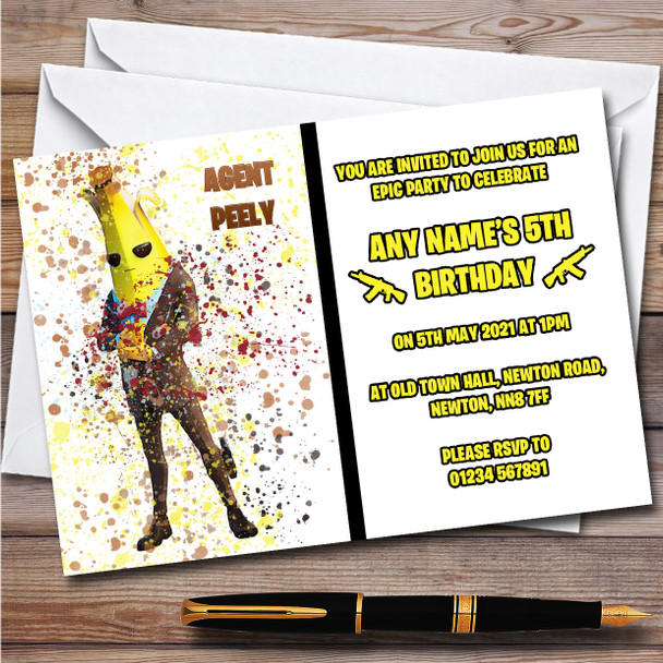 Splatter Art Gaming Fortnite Agent Peely Children's Birthday Party Invitations