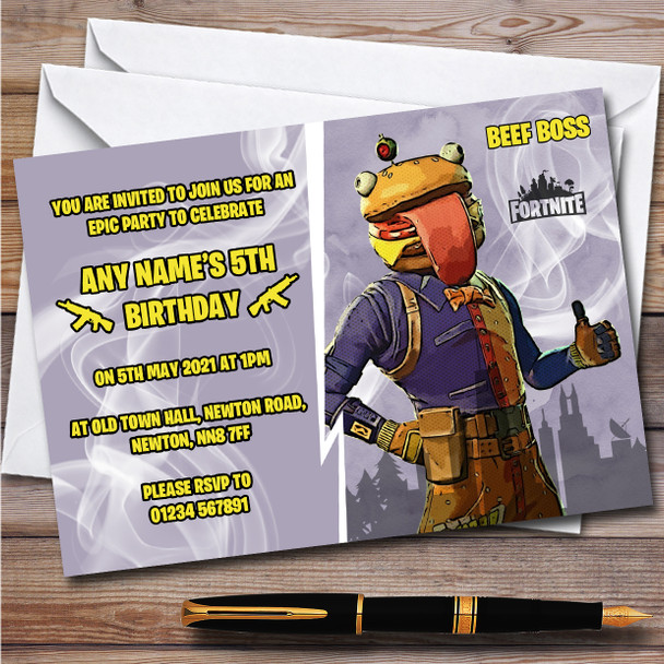 Beef Boss Gaming Comic Style Fortnite Skin Children's Birthday Party Invitations