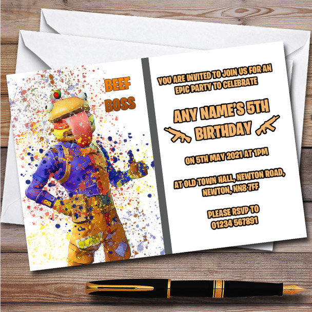 Splatter Art Gaming Fortnite Beef Boss Children's Birthday Party Invitations