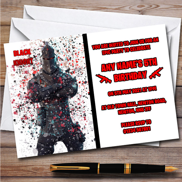 Splatter Art Gaming Fortnite Black Knight Children's Birthday Party Invitations