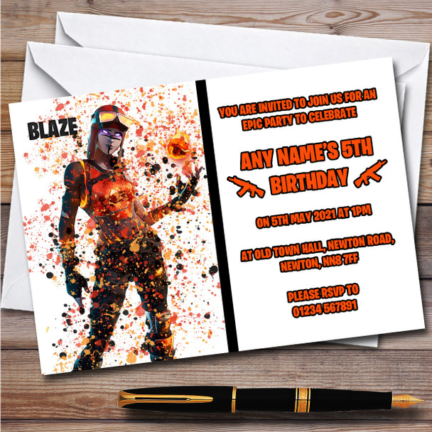 Splatter Art Gaming Fortnite Blaze Children's Birthday Party Invitations