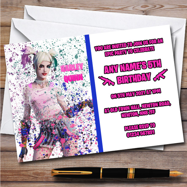 Splatter Art Gaming Fortnite Harley Quinn Children's Birthday Party Invitations