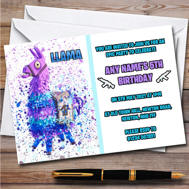 Splatter Art Gaming Fortnite Llama Children's Birthday Party Invitations