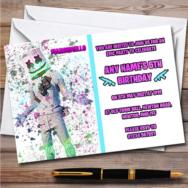 Splatter Art Gaming Fortnite Marshmello Children's Birthday Party Invitations