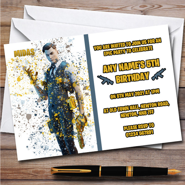 Splatter Art Gaming Fortnite Midas Children's Birthday Party Invitations