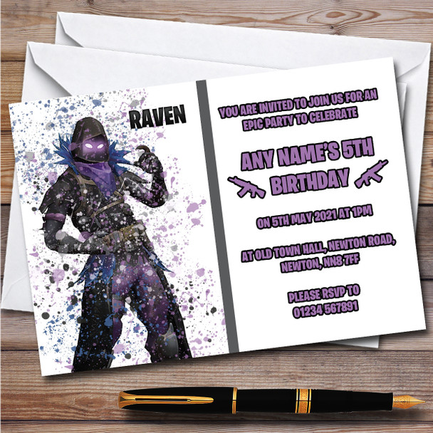 Splatter Art Gaming Fortnite Raven Children's Birthday Party Invitations