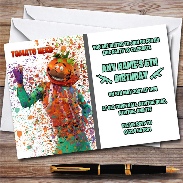 Splatter Art Gaming Fortnite Tomato Head Children's Birthday Party Invitations