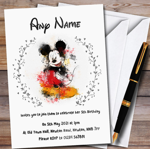 Disney Mickey Mouse Watercolour Splatter Style Birthday Party Invitations