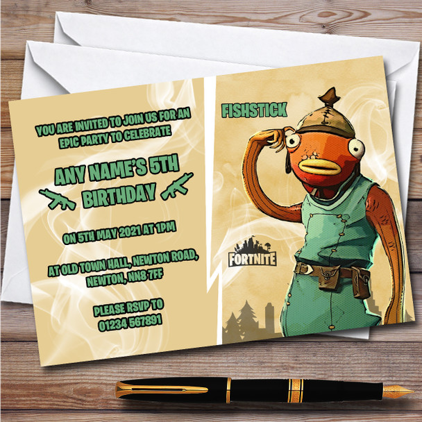 Fishstick Gaming Comic Style Fortnite Skin Children's Birthday Party Invitations