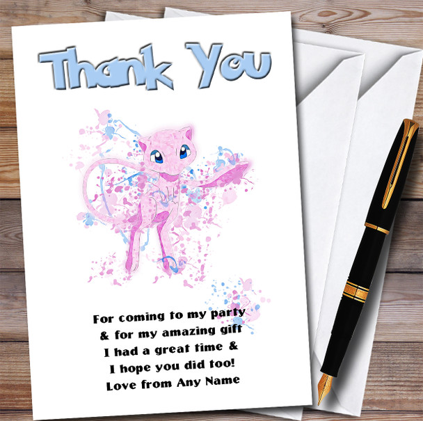 Mew Pokémon Splatter Art Children's Personalised Birthday Party Thank You Cards