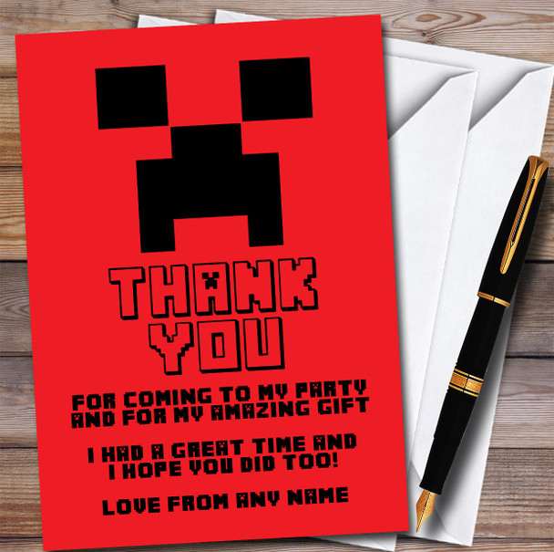 Minecraft Creeper Red Children's Personalised Birthday Party Thank You Cards