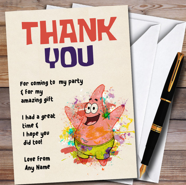 Patrick Star Watercolour Splatter Spongebob Birthday Party Thank You Cards