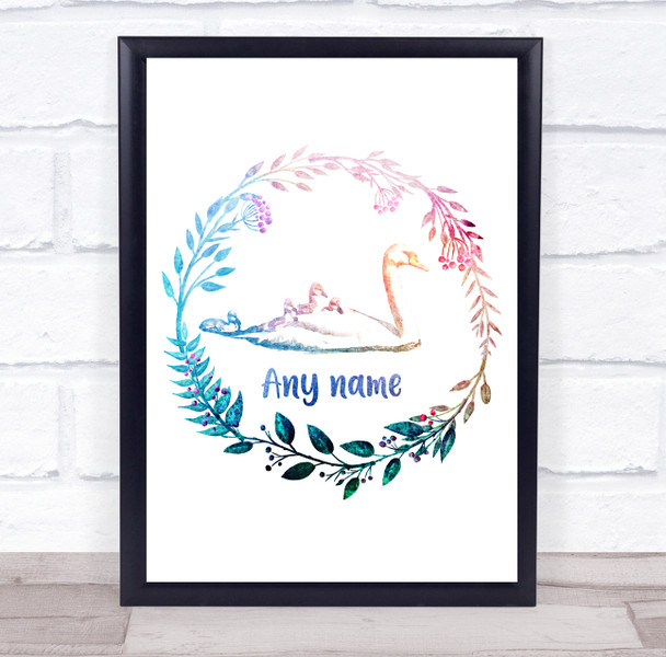 Personalised Swan Multicolour Floral Wreath Wall Art Print