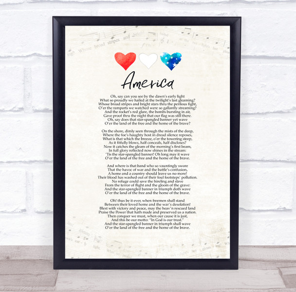 America Vintage Style Watercolour Hearts National Anthem & Music Wall Art Print