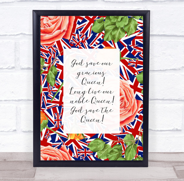 British Anthem God Save The Queen Multiple Ku Flags Floral Wall Art Print