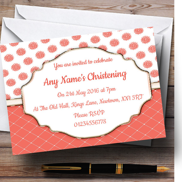 Coral And White Flowers Quilt Customised Christening Invitations