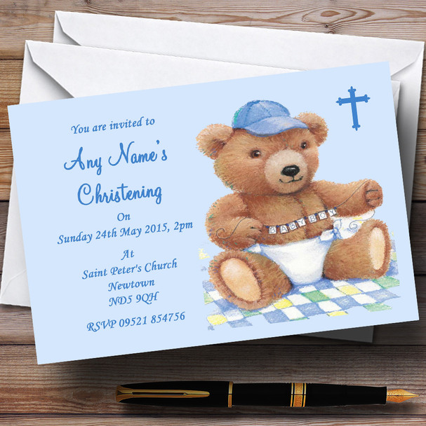 Blue Baby Boy Teddy Christening Party Customised Invitations
