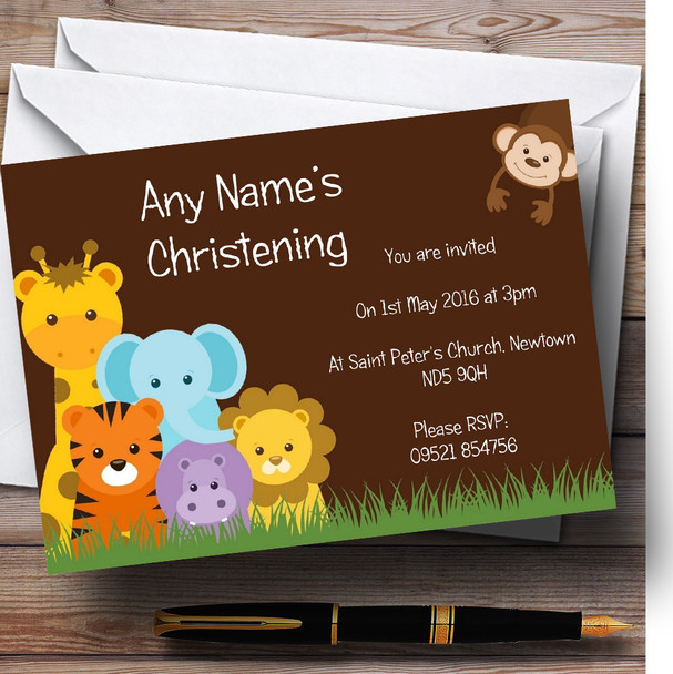 Brown Cute Jungle Animals Christening Party Customised Invitations