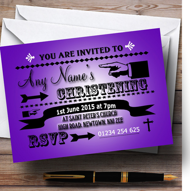 Dark Purple Typography Word Art Vintage Christening Party Customised Invitations