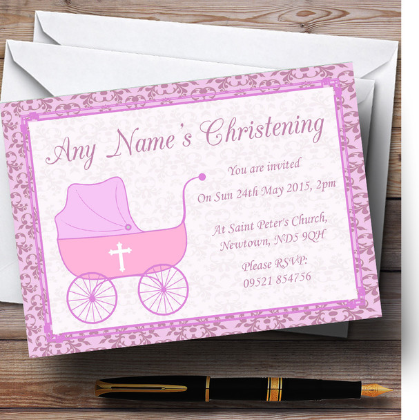 Girl Pink Pram Christening Party Customised Invitations