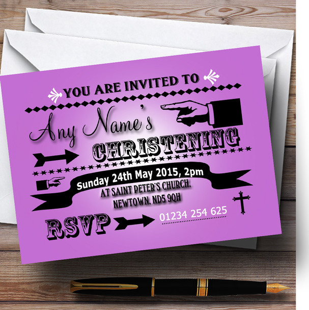 Purple Typography Word Art Vintage Christening Party Customised Invitations