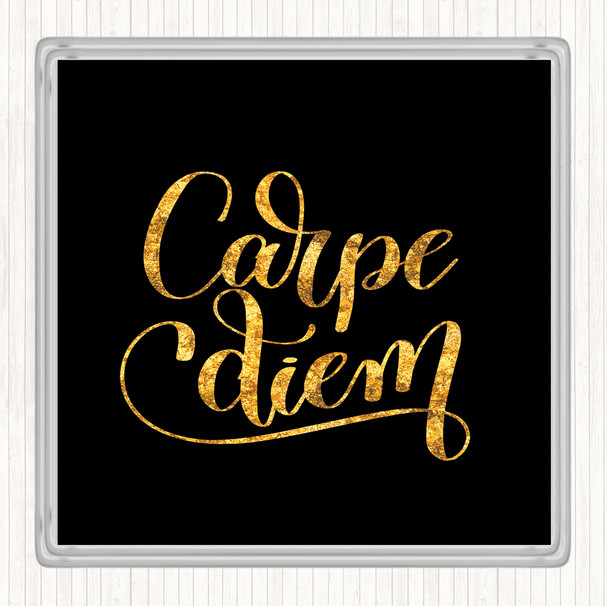Black Gold Carpe Diem Swirl Quote Coaster