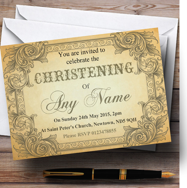 Typography Vintage Brown Postcard Christening Party Customised Invitations