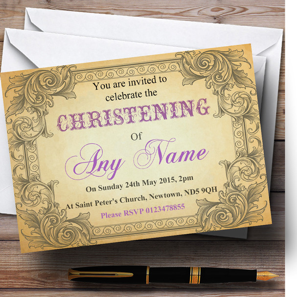Typography Vintage Purple Postcard Christening Party Customised Invitations
