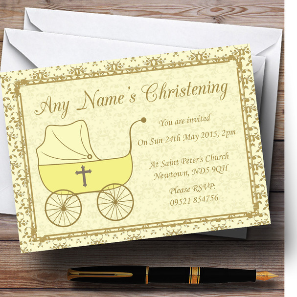 Unisex Yellow Pram Christening Party Customised Invitations