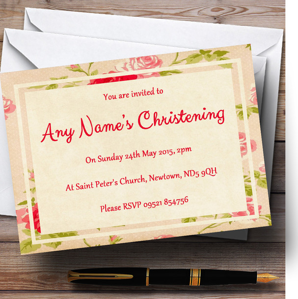 Vintage Pink Shabby Chic Flowers Postcard Style Christening Party Customised Invitations