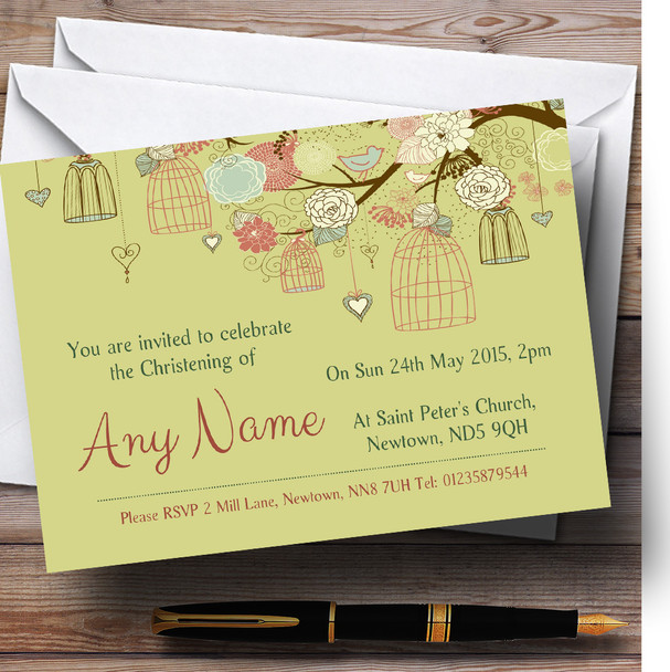 Vintage Shabby Chic Birdcage Gold Green Christening Party Customised Invitations