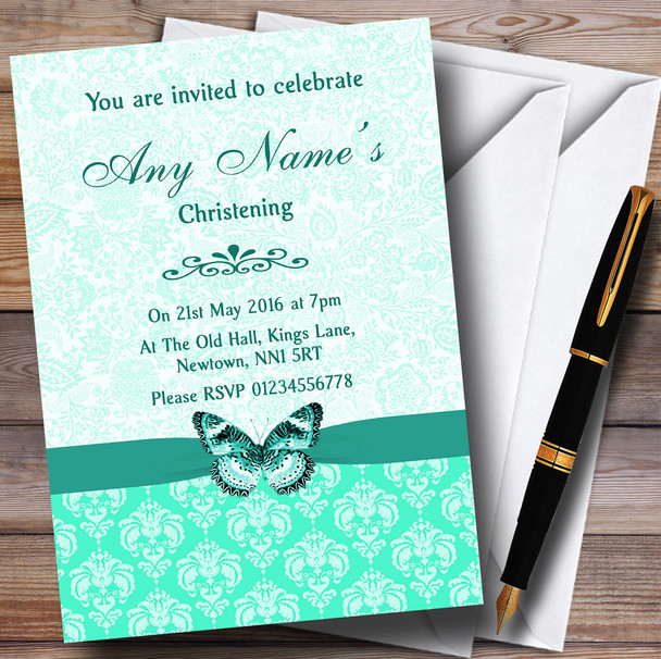 Mint Green Vintage Floral Damask Butterfly Customised Christening Invitations