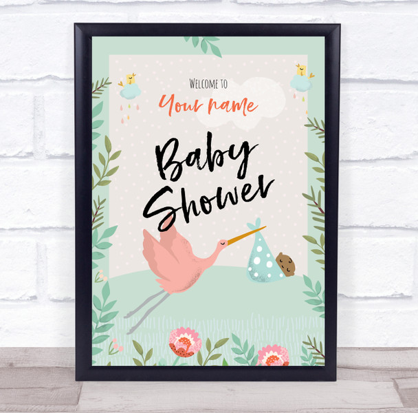 Stork With Baby Shower Green Welcome To Baby Shower Personalised Party Sign