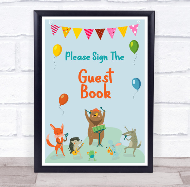 Cute Animals Instruments Birthday Please The Guest Book Personalised Party Sign