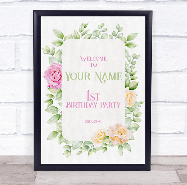 Watercolour Leaves Floral Border Birthday Welcome Personalised Event Party Sign