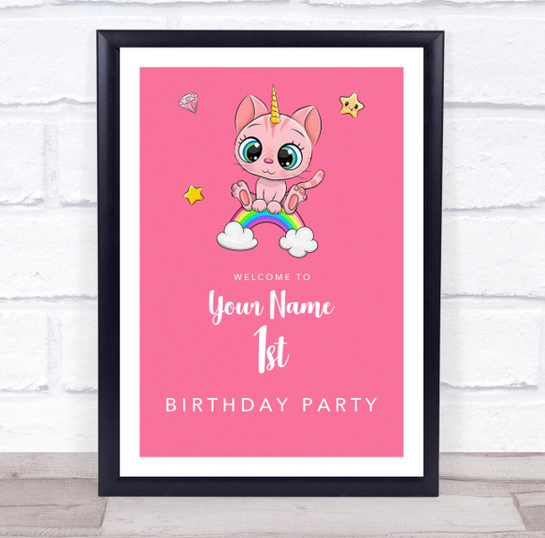 Cute Unicorn Cat Pink Welcome Birthday Personalised Event Party Decoration Sign