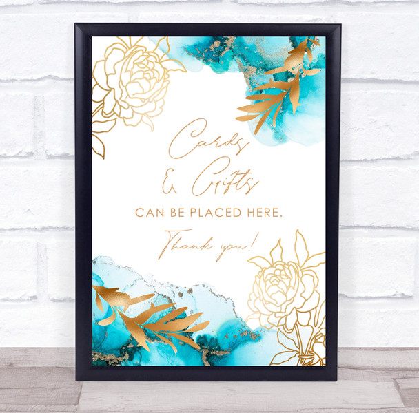 CardsGifts Watercolour Teal Blue Turquoise Gold Floral Personalised Party Sign