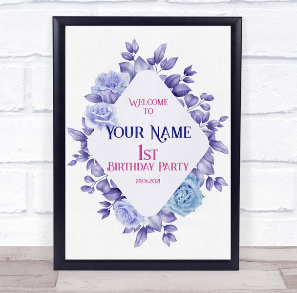 Purple Floral Diamond Border Birthday Personalised Event Party Decoration Sign