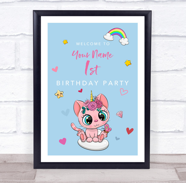 Cute Pink Unicorn Cat Welcome Birthday Blue Personalised Event Party Sign