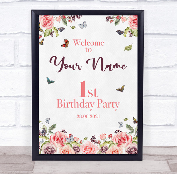 Pink Rose Floral Border Birthday Personalised Event Party Decoration Sign