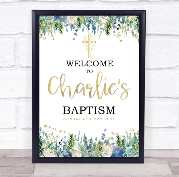 Blue Floral & Gold Baptism Date Personalised Event Party Decoration Sign