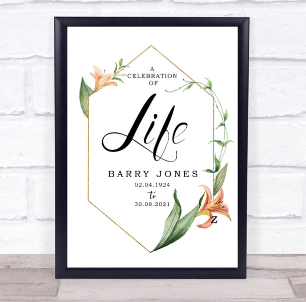 Watercolour Lilies Gold A Celebration Of Life Funeral Personalised Sign