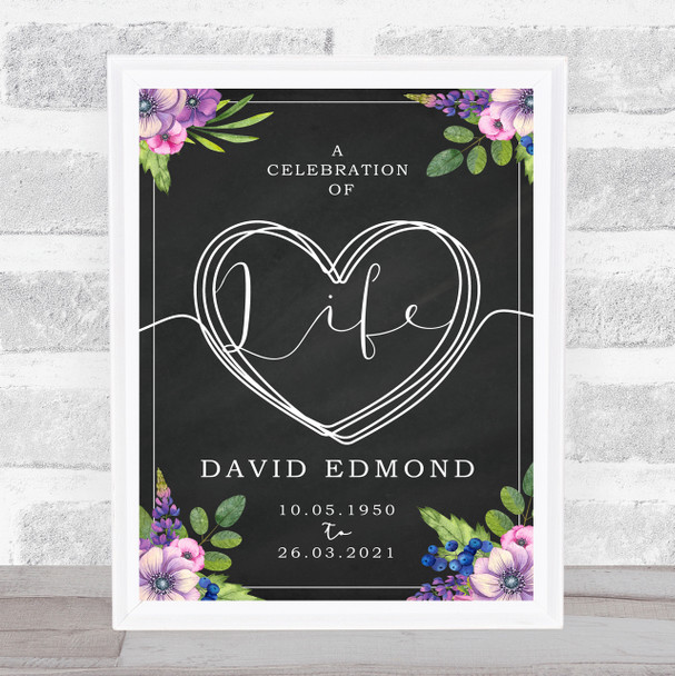 Purple Bouquet & Chalk A Celebration Of Life Heart Funeral Personalised Sign