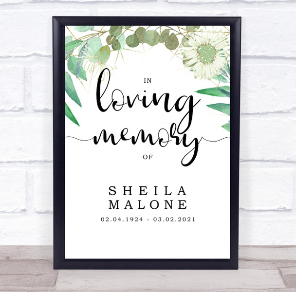 Green Watercolour Wreath In Loving Memory Funeral Personalised Event Sign